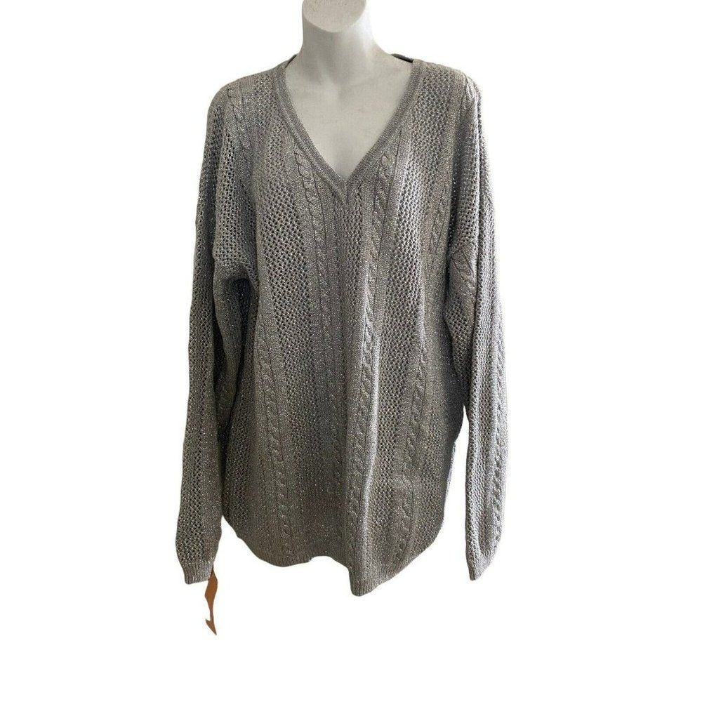 Vintage Y2K David David  Sweater Womens 1X silver Metallic Cable Knit sparkle
